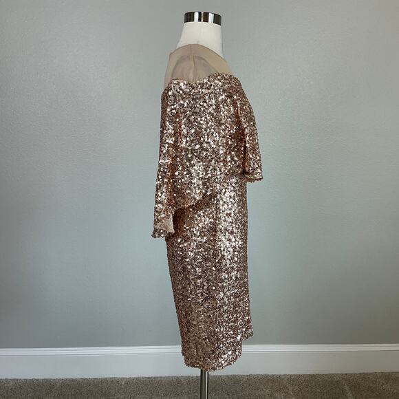 Betsy & Adam Sequined Cocktail Dress Size 4 Gold Caped Sleeveless Mini Sheath - Picture 3 of 14